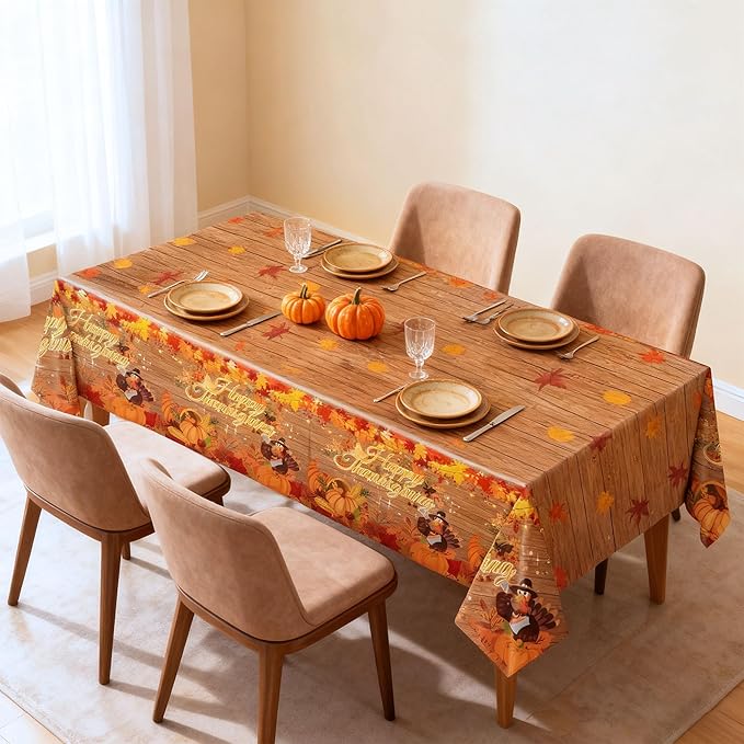 Mornajina 4 Packs 108 x 54 Inch Thanksgiving Fall Leaf Tablecloth Disposable Autumn Maple Leaf Table Cover Rectangle Plastic Table Cloth for Thanksgiving Decoration (Turkey)