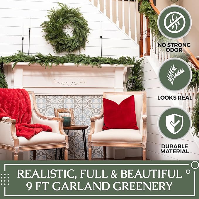 Mixed Norfolk Pine Garland with Evergreen, and Cedar Garland Artificial Realistic Greenery Branches for Decoration, Christmas Garland for Mantle, Premium Real Touch (9 Foot)