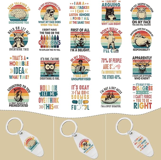 Sarcastic UV DTF Wrap Stickers - 80 Sheets Vintage Funny UVDTF Decals for Motel Keychain, Humorous Cold Rub on Transfer Stickers, DIY Hotel Keychain Blank Personalized Crafts