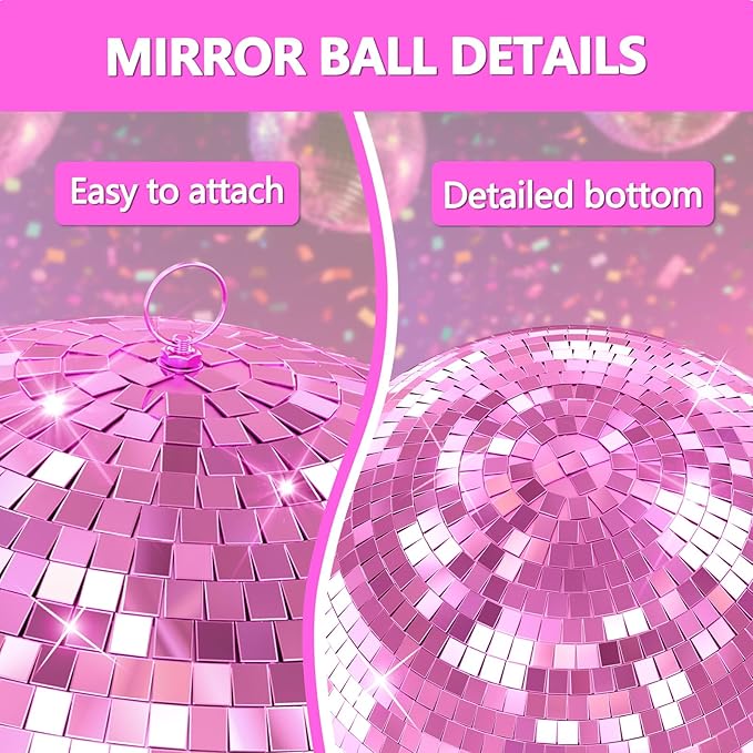 12 inch Pink Disco Ball, Hanging Mirror Ball, Wedding Decoration Disco Light Ball, Stage Lighting Effect，12/16/20 inch Home,Stage and Bar Glittering Decoration (12inch-Pink)