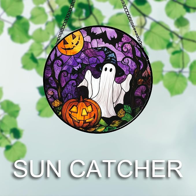 Stained Glass Window Hanging Halloween White Ghost Black Bat 15" - Suncatcher Door Garden Sunroom Horror Pumpkin Sun Catcher Birthday for Friend Mom Men Woman Nana