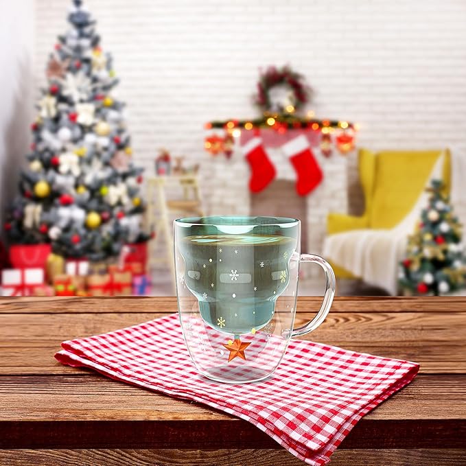 2 Pack of Christmas Mugs with Lid, Double Walled Glass Coffee Mugs, 10 ounces(300ml) Cute Mug is Suitable for Christmas Gifts for Men, Women and Children