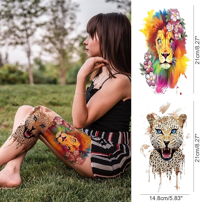Color Animal Temporary Tattoo Sleeve for Women Leg, 4-Sheet Full Arm Realistic Tiger Dragon Bear Fake Tattoo Sleeve Adult Girl and 4-Sheet Large Colorful Half Temp Tatoo Sticker Thigh Makeup Body Art