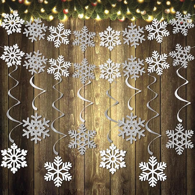 Snowflake-Snow White-Silver Christmas Party-Decoration Garland - 24PCS Frozen Winter Wonderland Ornaments Hanging Paper Streamers,New Years Birthday Holiday Classroom Ceiling Decor Burgleda