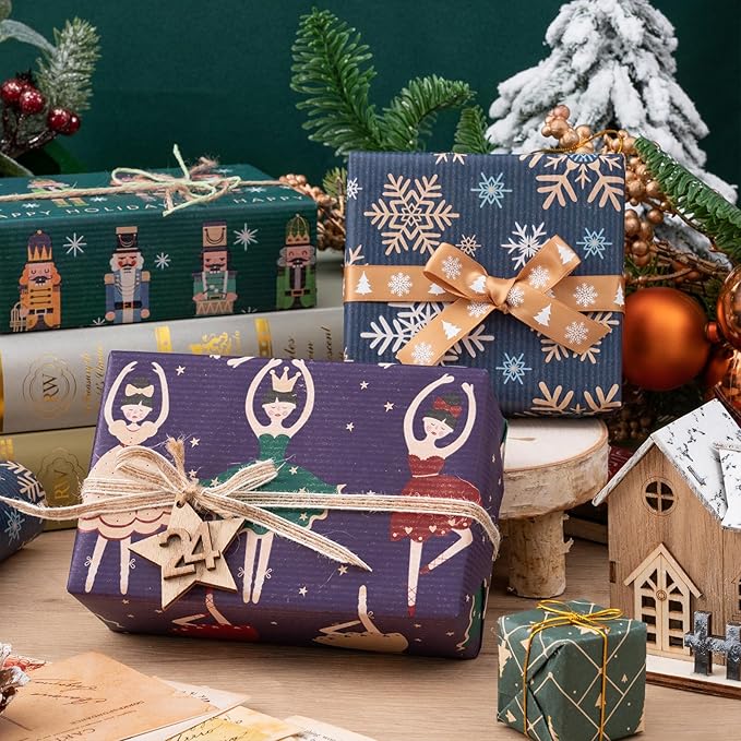 RUSPEPA Christmas Kraft Wrapping Paper Roll - Nussknacker Solider, Trojan Horse, Ballet Girl and Snowflake Design - 17 inches x 10 feet per Roll, Total of 4 Rolls