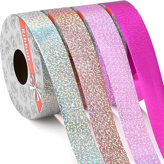 4 Rolls Wrapping Shiny Waterproof Ribbon for Christmas, 50 Yards Curling Plastic Ribbon for Gifts Package Wrapping, Bows, Festival Craft Party Decor(Purple, Pink, Rose Gold, Silver,1 Inch)