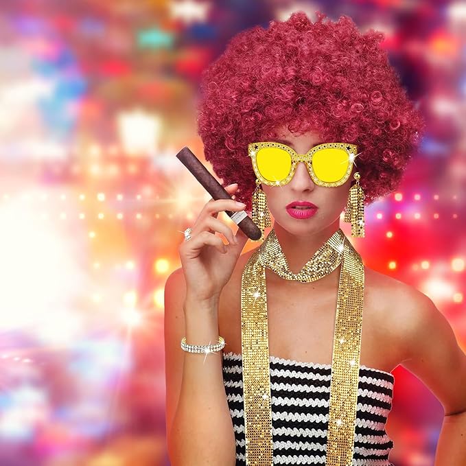 6 Pcs 70s Disco Accessories for Women Costume Jewelry Set Disco Earrings Ring Sequin Scarf Sunglasses Bracelet Headband