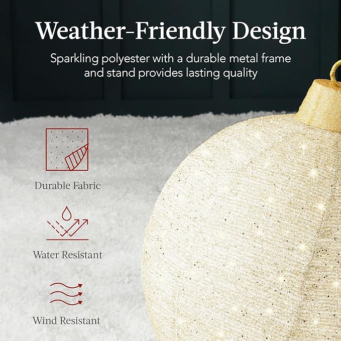 Best Choice Products 2pc Lighted Pop-Up Outdoor Christmas Ornament Set, Holiday Ball Decoration w/ 180 LED Lights, 8 Light Functions - Gold/White
