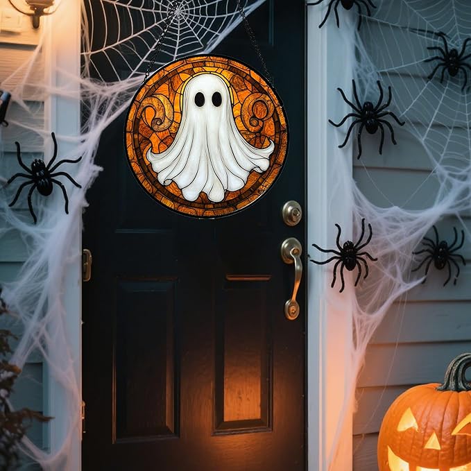 Stained Glass Window Hanging - Halloween Decoration Cute Ghost Suncatcher for Doors Garden Orange Black Spooky Sun Catchers Gothic Decor Horror Gifts for Women Men Friend Boy Girl 15 in