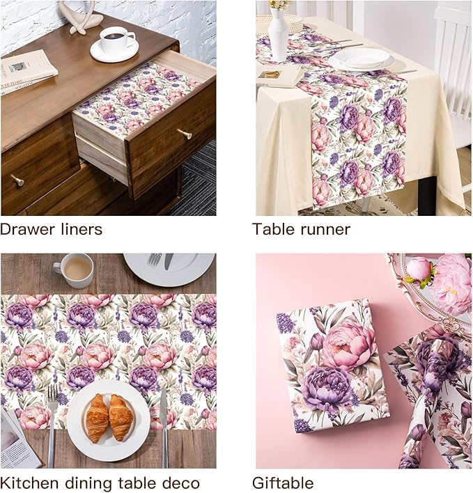 WRAPAHOLIC Kraft Floral Wrapping Paper - Mini Roll - 17 Inch x 16.5 Feet - Watercolor Lavender Flower Wrapping Paper for Wedding, Birthday, Bridal Shower, Tea Party, Drawer Liners, Home Closet Shelves