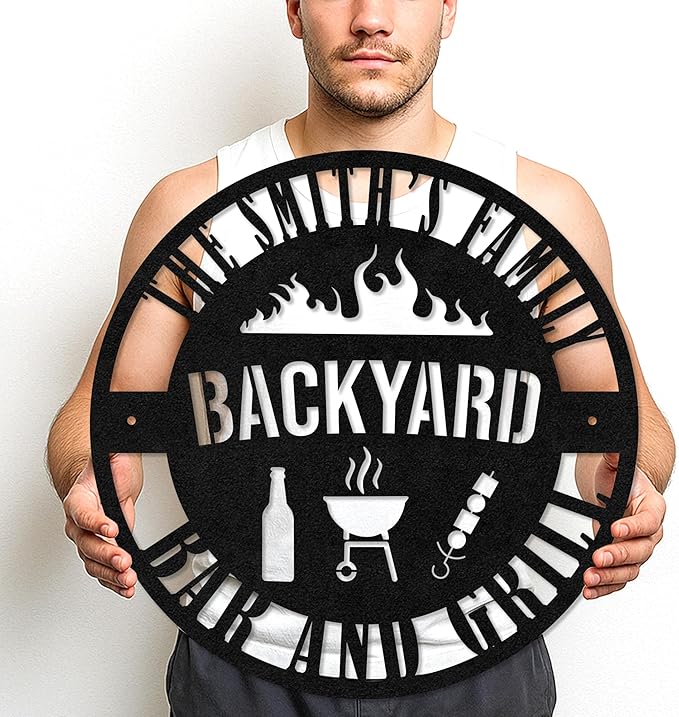 Custom BBQ Grill Metal Sign Personalized Name Wall Art for Outdoor Barbecue Patio Kitchen Backyard Decor Gift for Dad Husband Men Papa Grandpa Father Grilling Enthusiasts Family Lover Funny Gifts 73
