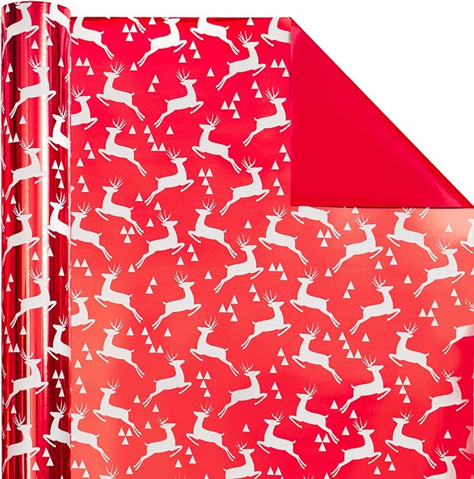 WRAPAHOLIC Reversible Red Christmas Wrapping Paper - Mini Roll - 17 Inch x 33 Feet - Reindeer Wrapping Paper and Solid Red Design with Metallic Foil Shine for Christmas, Holiday, Party