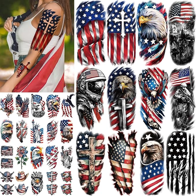 77 Sheets Independence Day Temporary Tattoos, USA Flag Patriotic Waterproof Fake Tattoos, Red White and Blue Party Supplies Tattoo for 4th of July Memorial Day, Veterans Day Tattoos