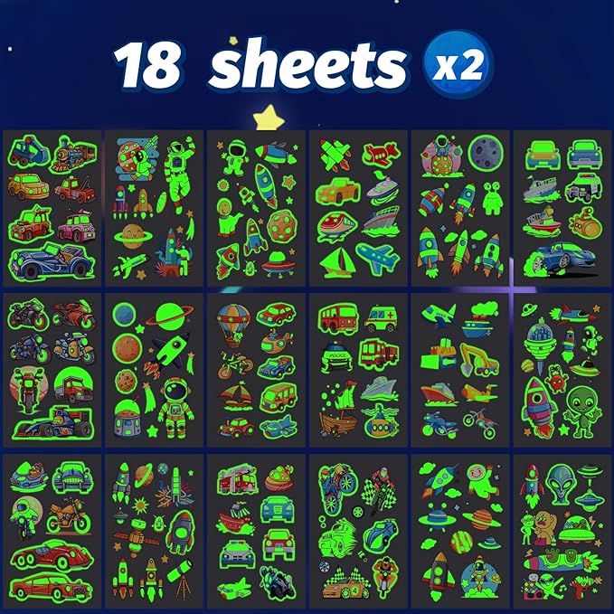 Temporary Tattoo for Kids, Space and Vehicle Glow In Dark Tattoos, 250+ Patterns Luminous Fake Tattoo Sticker，Planet Astronaut Spaceship Alien Plane Car 36 Sheets Long Lasting Tattoo for Party Supply