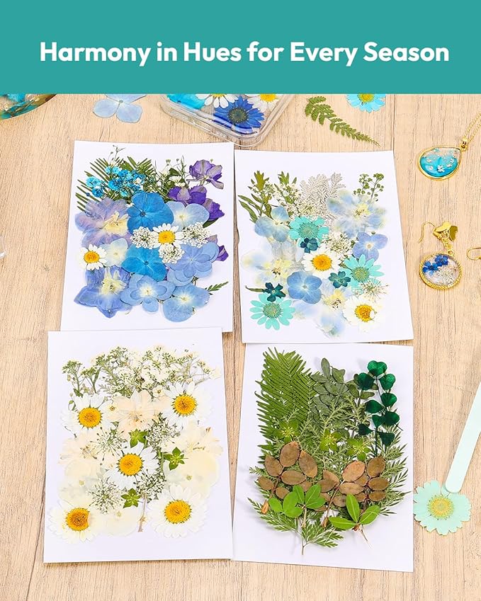 Dried Flowers, Resiners 100Pcs Pressed Flowers for Craft Blue Real Natural Dried Flowers Dry Leaves Kit for DIY Making Crafts Resin Soap Candle Scrapbook Supplies Card Making Jewelry