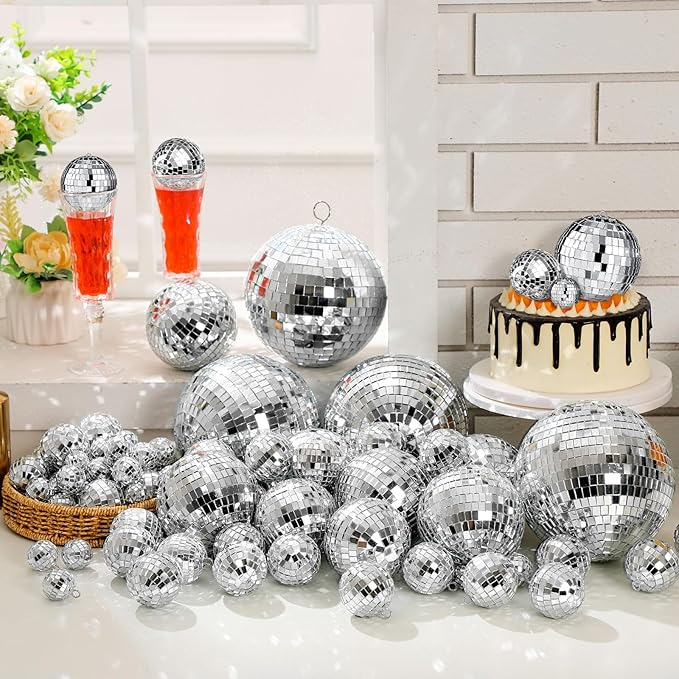Hoolerry 200 Pcs Mini Mirror Disco Ball Ornaments Mardi Gras Small Silver Hanging Decorations Reflective Tiny Balls Bulk for 70s 80s 90s Disco Party, Christmas Tree(6'', 4'', 3'', 2.4'', 1.6'', 0.8'')