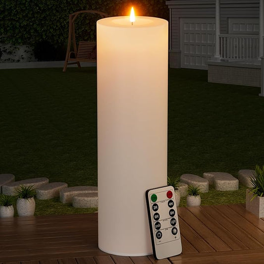 14" x 4" Large Outdoor Candle with Timer Waterproof Flickering LED Flameless Candle Battery Operated with Remote Fake Pillar Candle Realistic for Patio Porch Lantern, White 1 Pack