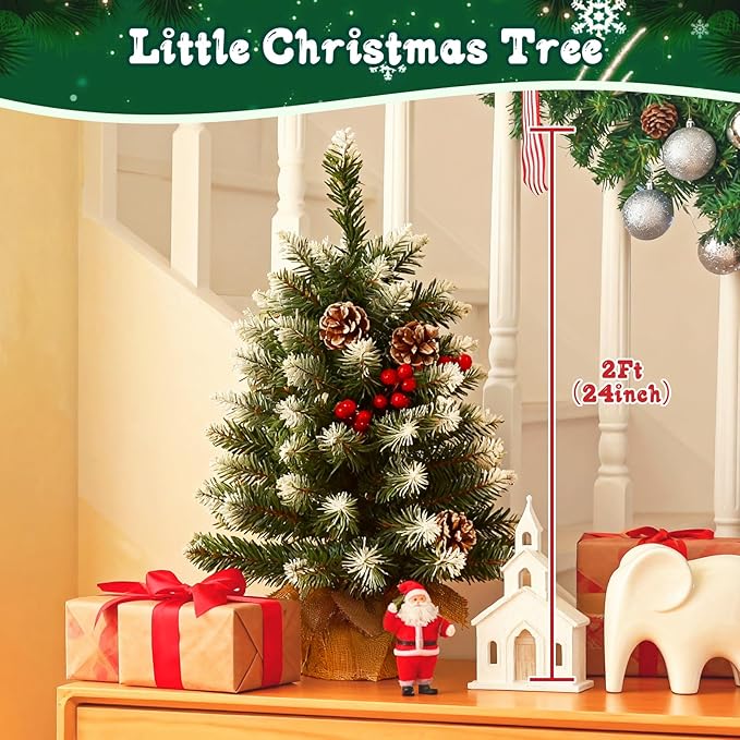 Joyhalo 2ft Small Christmas Tree with Lights Multicolor and Warm White, Flocked Pre Lit Table Top Christmas Tree, 80 Branches Mini Xmas Tree for Room Office Classroom Decoration