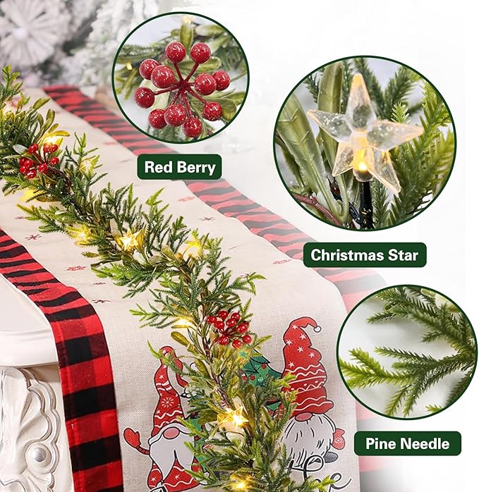 Pre-lit Christmas Garland with Lights, Battery Operated Garland with Star Berry Faux Spruce for Outdoor Indoor Mantle Holiday Decorations 6FT 20LED
