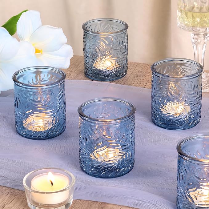 24 pcs Blue Votive Candle Holders, Tea Light Candle Holder for Wedding Centerpieces, Glass Candle Holders for Baby Shower Home Bridal Decoration Table Decor
