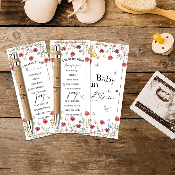Toerifer 30 Pcs Baby Shower Favor for Guests Gifts Sets Included Bamboo Pens Greeting Thank You Cards Gender Reveal Souvenirs Prizes Baby in Bloom Gender Reveal Decorations