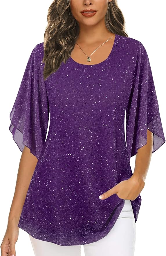 Ninedaily Women's Tops 3/4 Sleeve Blouses Dressy Casual Double Layers Mesh Tunic Shirts