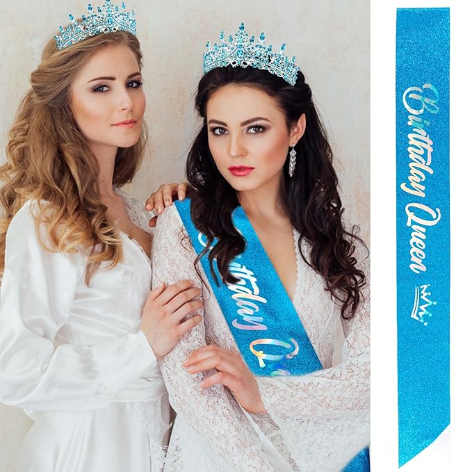 Velscrun Blue Crystal Birthday Queen Tiara Crown for Women Girls Birthday Queen Headband Sash Elegant Princess Crown with Combs Hair Accessories Happy Birth Party Decorations Mom Birth Gift