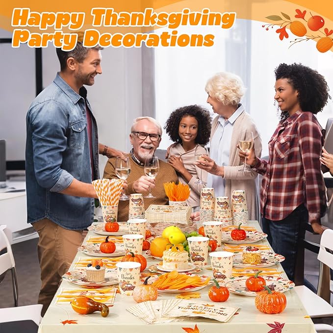 452 Pcs Happy Thanksgiving Party Decorations for 50, Pumpkin Leaves Turkey Give Thanks Paper Plates Napkins Cups Tablecloth Cutlery Straws for Fall Harvest Thanksgiving Theme Party Supplies