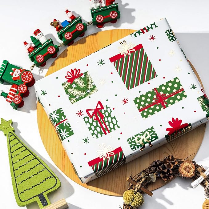 WRAPAHOLIC 30 Inch Green Christmas Wrapping Paper Roll - Jumbo Roll Green Holiday Set with Metallic Foil Shine - 4 Rolls - 30 Inch x 120 Inch Per Roll
