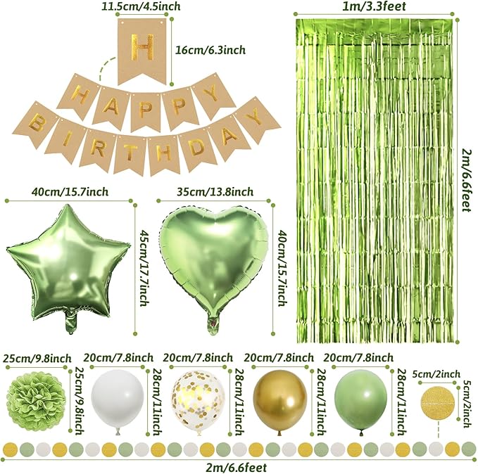 ZERODECO Sage Green Birthday Party Decorations, Olive Green Gold Pompoms Balloons Happy Birthday Banner Neutral Rustic Boho Blush Safari Botanical Greenery Décor for Baby Girls Women Party