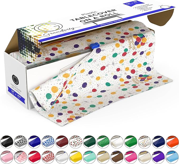 Grandipity Plastic Tablecloth Roll - 54in x 300 Ft. Happy Birthday Plastic Table Cloths Disposable with Cutter Box - Cut to Size Disposable Tablecloth Table Cover for Rectangle & Round
