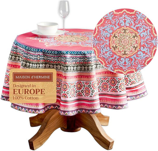 Maison d' Hermine Table Cloth Round Table 100% Cotton 69 Inches Fall Tablecloth Reusable Everyday Use for Thanksgiving Christmas Decorations Dining Farmhouse Party (Ispahan)