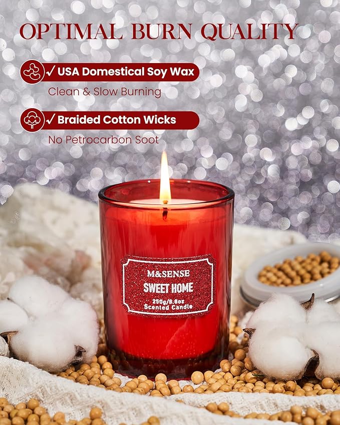 M&SENSE Cinnamon Apple Scented Candles, Christmas Candle 8.8 oz Glitter Jar Candles, Holiday Candles Gifts for Women, Strong Scented Natural Soy Candle for Winter Home Decor, 50 Hours Long Burning