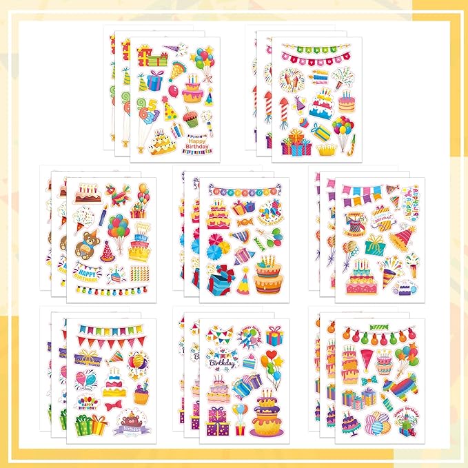 24 Sheets Happy Birthday Stickers - 320PCS Balloon Cake Present Stickers for Birthday Party Decorations Craft Scrapbooking Water Bottles Gifts Bags Cards Decor