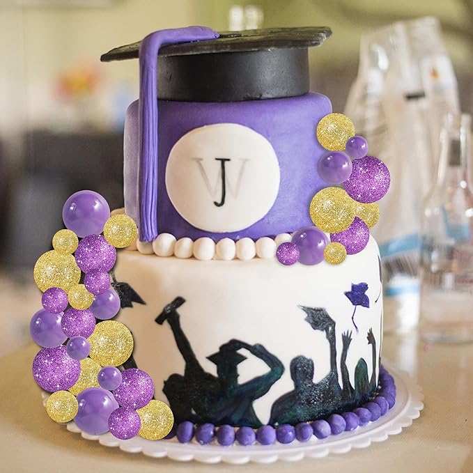 BEISHIDA 40 Pcs Ball Cake Toppers Mini Balls Cake Decorations Purple Gold Foam Balls DIY Cake Topper for Baking Congrats Grade 2025 Graduation Birthday Mardi Gras Lakers Decorations (Purple Gold)