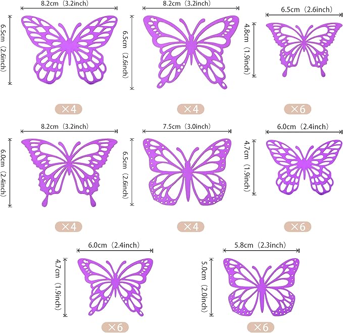 40 PCS Deep Purple Laser 3D Butterfly Cupcake Toppers - Hollow Arts Cake Decorations for Baby Shower, Wedding, Fairy Birthday Party Supplies - Wall Sticker Decoration Mixed Styles