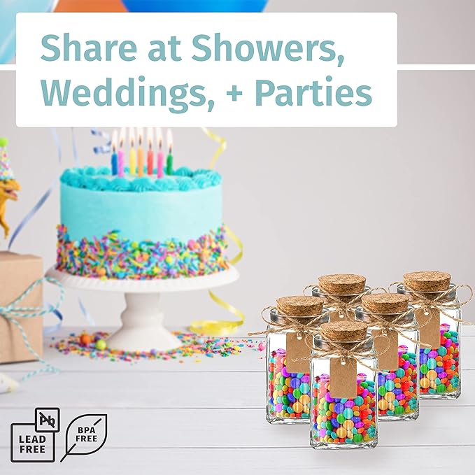 Otis Classic Square Glass Jars with Lids - Set of 12 Mini Glass Jars with Corks for Wedding & Party Favors, DIY Crafts, Potions, Spices & Candy, 3.4 oz