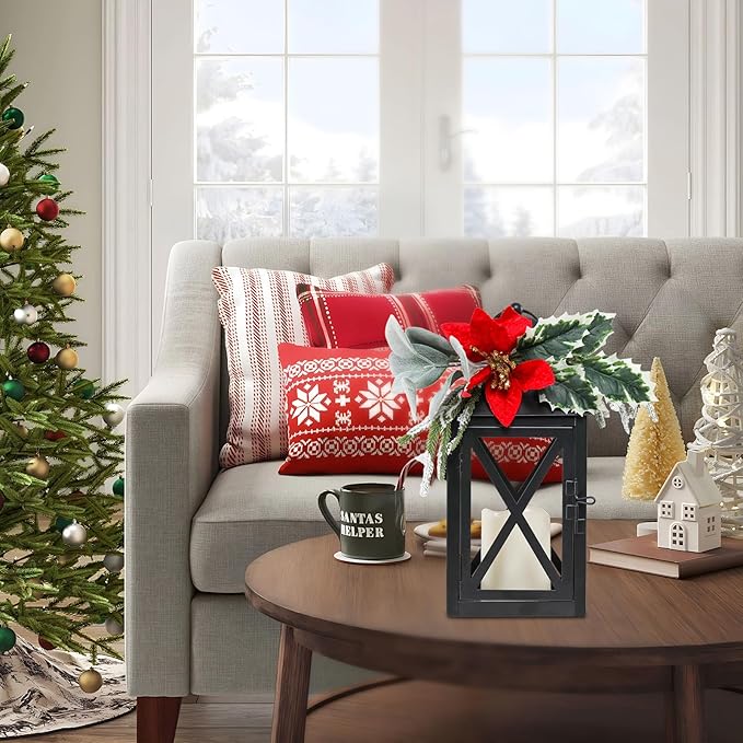 Christmas Lanterns Decorative Indoor, 2 Pack Christmas Lantern Outdoor, 12 Inch Decorative Candle Lanterns Flameless Light with Floral and Greenery for Table Centerpieces,Home, Porch Decor