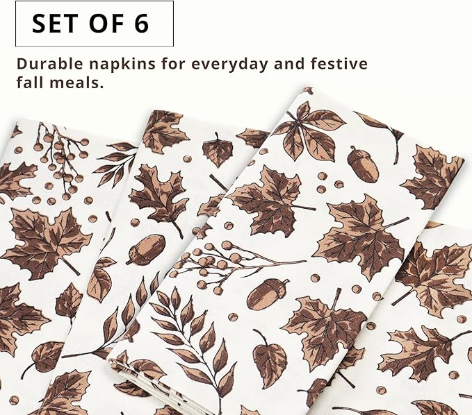 PurpleEssences Fall Harvest Thanksgiving Napkins 18x18 Inch,Set of 6-100% Cotton Autumn Leaves Print - Reusable, Washable Dinner Napkins for Home, Kitchen & Parties - Fall Dream