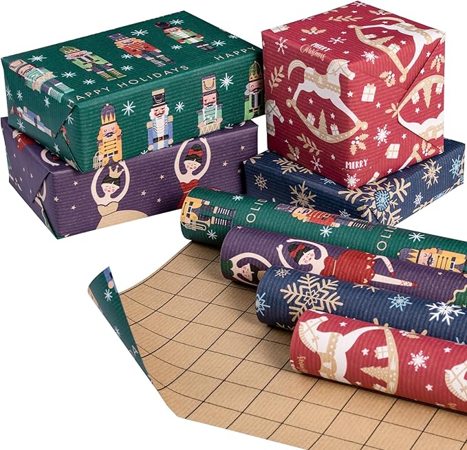 RUSPEPA Christmas Kraft Wrapping Paper Roll - Nussknacker Solider, Trojan Horse, Ballet Girl and Snowflake Design - 17 inches x 10 feet per Roll, Total of 4 Rolls