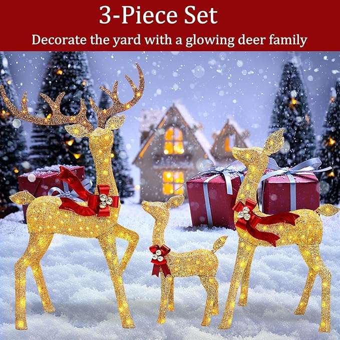 2025 New 3D 58 Inch Large Christmas Deer Family Set, 3-Piece Lighted Reindeer Decoration for Indoor Outdoor Front Yard Porch with 210 LED Jump Lights, Plug - Gold