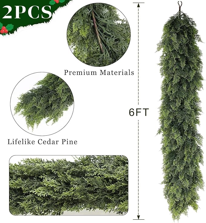 6FT Cedar Garland for Fireplace - Artificial Christmas Garland Thick and Lush Realistic Faux Cedar Fake Pine Needles Garland for Table,Window,Stairs,Mante,Indoor Outdoor Decor (2PCS)