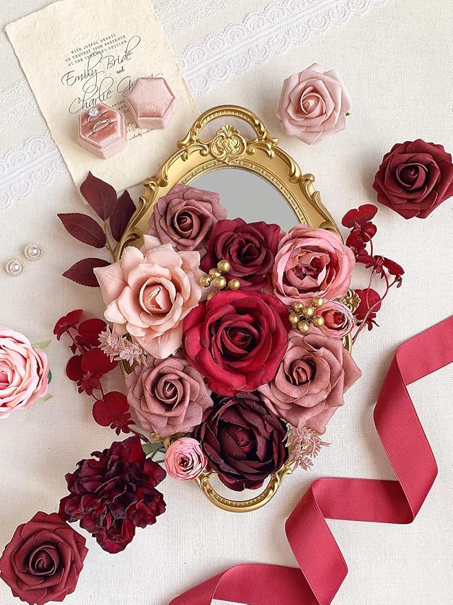 Roses Artificial Flowers Burgundy Fake Flower Bulk for DIY Wedding Bouquet Bridal Baby Shower Centerpiece Table Decorations Cake Decorating Silk Faux Floral Arrangements Party Home Decor Dusty