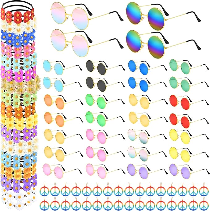 CHRORINE 48 Pcs Costume Accessory Set - Includes Headband, Sunglasses, Party Supplies for Hippie Party Decorations