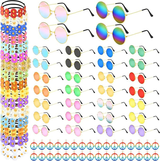 CHRORINE 48 Pcs Costume Accessory Set - Includes Headband, Sunglasses, Party Supplies for Hippie Party Decorations