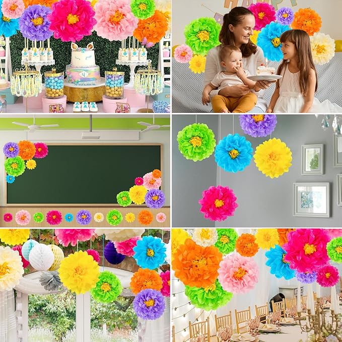 24 Pcs Mexican Paper Flowers, Fiesta Paper Flowers, Colorful Tissue Flower for Carnival, Party Backdrop, Wedding, Birthday Party, Craft Wall Decor, Baby Shower(8 Colors 6" 8" 10")