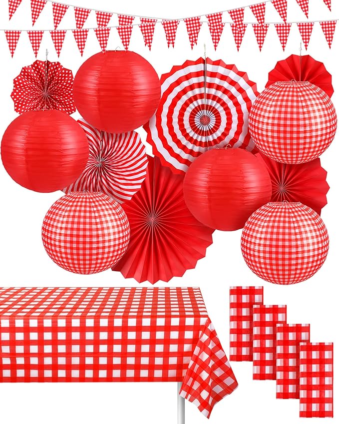 Hortsun 18 Pcs Red Gingham Party Supplies Include Checkered Paper Lanterns Plastic Tablecloth Pennant Banner Hanging Paper Fans for Picnic BBQ Baby Shower Birthday Wedding Family Dinner