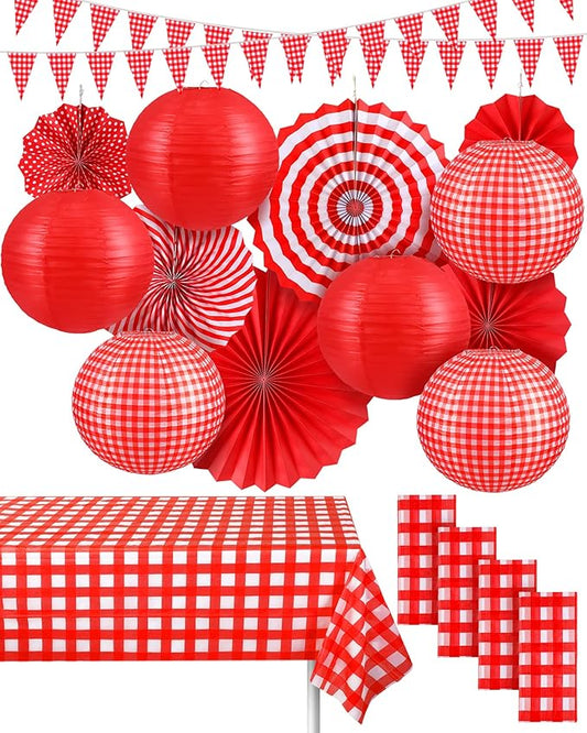Hortsun 18 Pcs Red Gingham Party Supplies Include Checkered Paper Lanterns Plastic Tablecloth Pennant Banner Hanging Paper Fans for Picnic BBQ Baby Shower Birthday Wedding Family Dinner