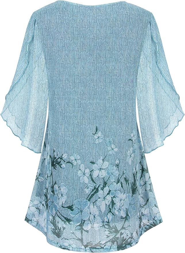 Ninedaily Women's Tops 3/4 Sleeve Blouses Dressy Casual Double Layers Mesh Tunic Shirts