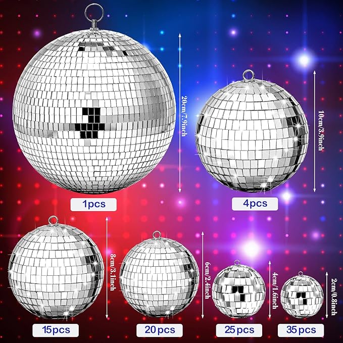 Funtery 100 Pcs Mirror Disco Balls Bulk Assorted Silver Hanging Disco Ball Decor for Home Wedding Birthday Dance Music 70 S Theme Party Christmas Tree Ornaments(0.8'',1.6'',2.4'',3.2'',4'',8'')